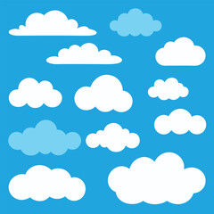 Playful Cloud Vector Set on Blue Background.