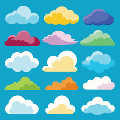 Playful Cloud Vector Set on Blue Background.