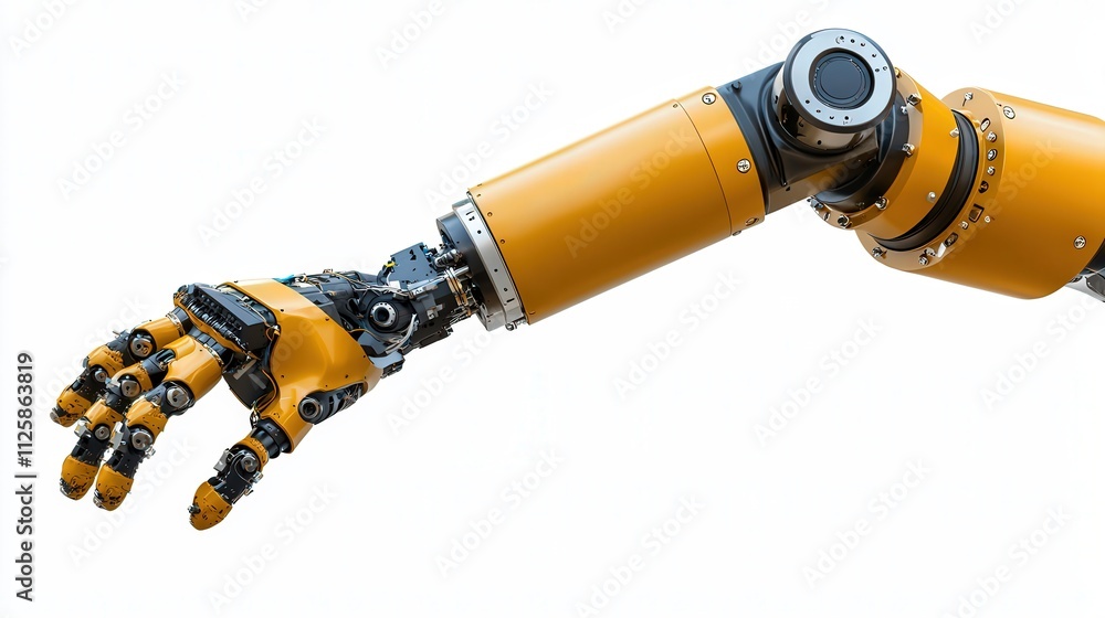 Poster a robotic arm extending its mechanical fingers, isolated on white.