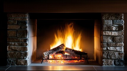 A glowing fireplace with a neatly arranged mantle.