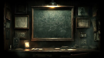 Dark room with desk, chalkboard map, and old photos.