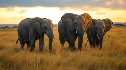 Obraz premium Three elephants standing in tall grass at sunset in Africa.