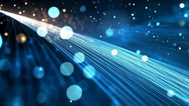 Fiber optic cables with blue bokeh lights, technology and connectivity concept