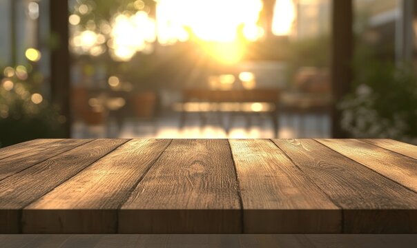 Empty wooden table against blurred sunset cafe background.