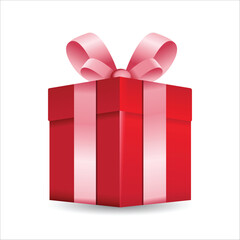 Surprise Red gift box pink ribbon, birthday celebration, special give away package, loyalty program reward, wonder gift with exclamation mark, vector icon, flat illustration stock illustration