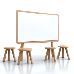 Modern wooden display board with stools arranged for an interactive learning environment in a minimalist setting