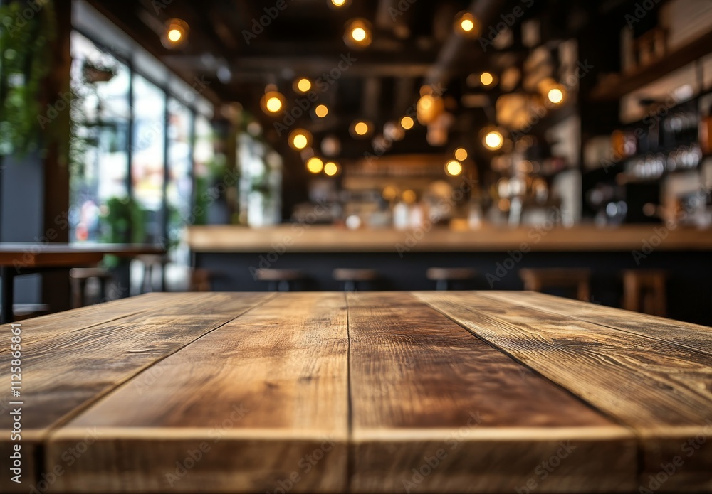 Poster empty rustic wooden table in blurry cafe background. (2)