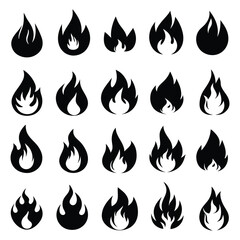 Set of Fire Vector Flames Icons - Black Silhouette Fire Symbols.