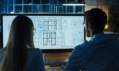 Two individuals analyze architectural plans on a large screen in a dimly lit office, showcasing collaboration and design work.