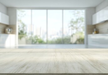 Fototapeta premium Light wood table top with blurred modern kitchen and city view background.