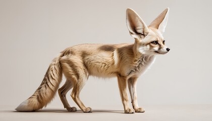 Fototapeta premium A stunning portrait of a fennec fox, showcasing its distinctive features and elegant stance. The image is set against a neutral background.