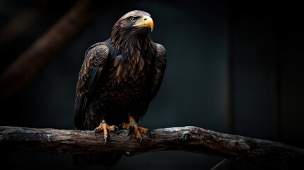 Obraz premium A bald eagle standing on a branch, staring forward.