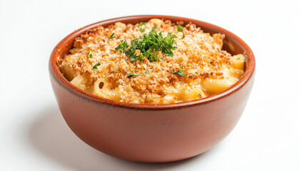 A delicious bowl of macaroni and cheese, topped with a golden brown crust and fresh parsley garnish.