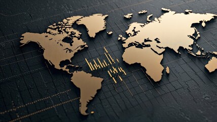 impact effect economic concept. Gold world map on textured black background representing global finance.