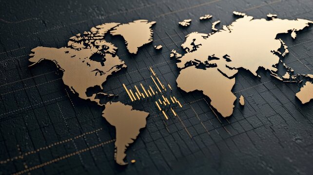 impact effect economic concept. Gold world map on textured black background representing global finance.