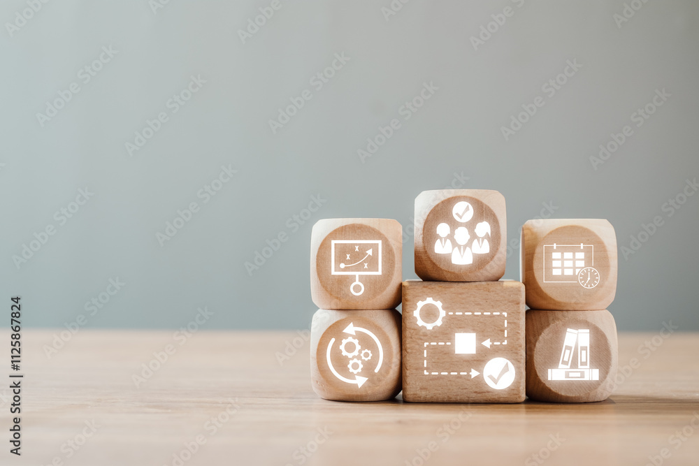 Poster wooden blocks with icons symbolizing workflow, teamwork, and productivity, ideal for illustrating bu