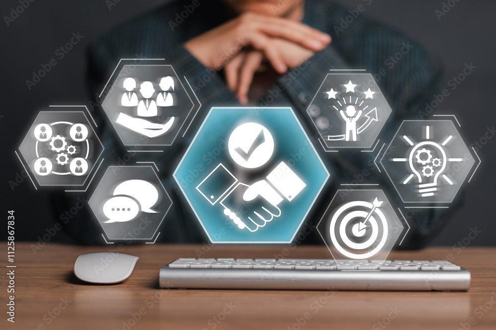 Poster visual representation of digital collaboration with icons symbolizing teamwork, communication, and i