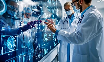 Two medical professionals interact with a digital display, analyzing data and visuals related to healthcare technology and diagnostics.