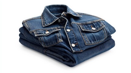 A folded denim jacket, isolated on white.