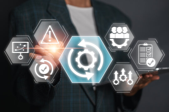 Digital interface illustrating business continuity with icons for risk management and strategic planning.
