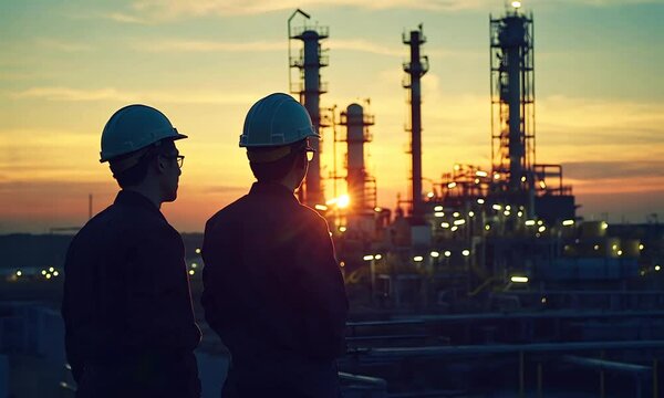 Two workers in hard hats observe a sunset over an industrial landscape, highlighting the intersection of nature and industry.