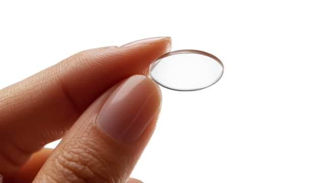 PNG, Contact lens, lens in hands, isolated on white background, created with Generative AI technology.