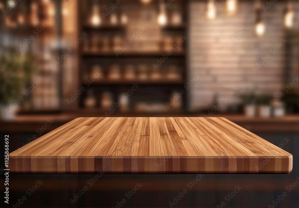 Poster empty wooden table top in blurred rustic cafe background.