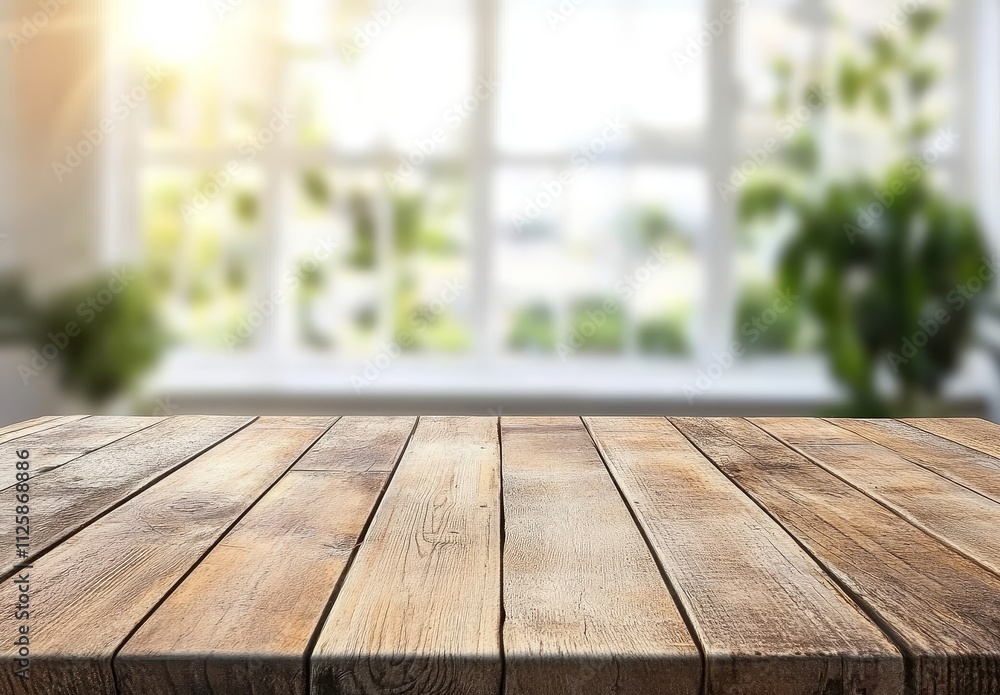 Aufkleber empty wooden table top against blurred window background.