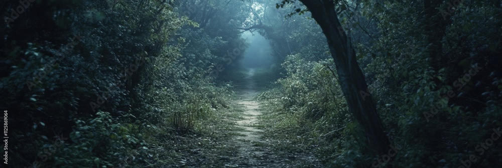 Poster A winding forest pathway leads into thick woods, creating a sense of adventure and mystery under soft morning light. Generative AI