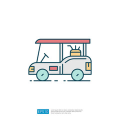 A simple illustration of a golf cart with a roof and a small antenna, designed in a minimalistic style.