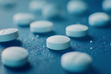 Many white pills falling on blue background