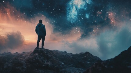 Obraz premium Silhouette of a man standing on a mountain top looking up at the night sky full of stars