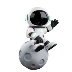 Space Explorer Chibi Astronaut 3D Model. A chibi astronaut sits on the moon with his right hand on his knee, and his left hand waving. Fun Cartoon Style
