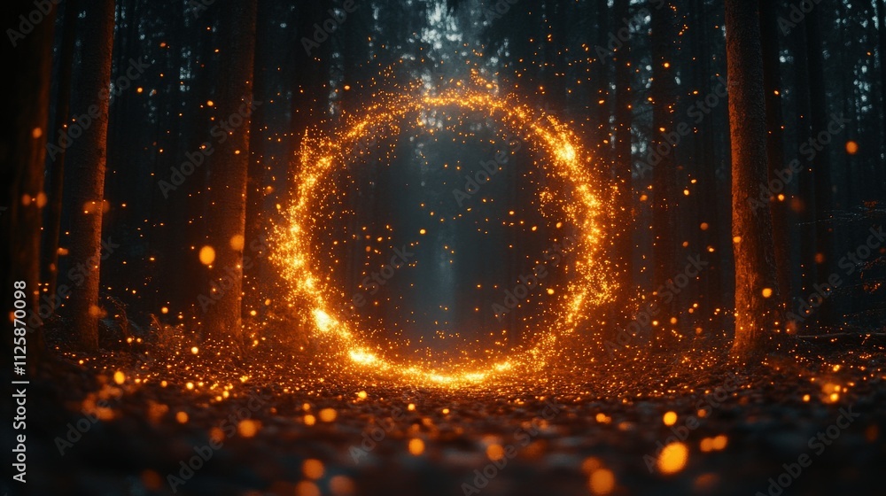 Poster enchanted circle of fireflies in a mystical forest, radiating warm light through trees and envelopin