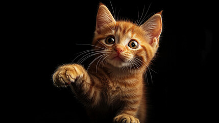 Fototapeta premium Orange kitten waving its paw against a black background.