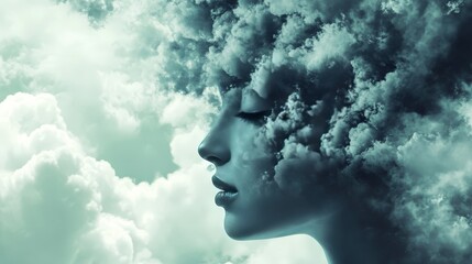 Woman's face with clouds for hair, creating a surreal and dreamlike image.