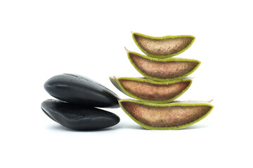 Fresh Aloe Vera Slices with Black Stones on White Background