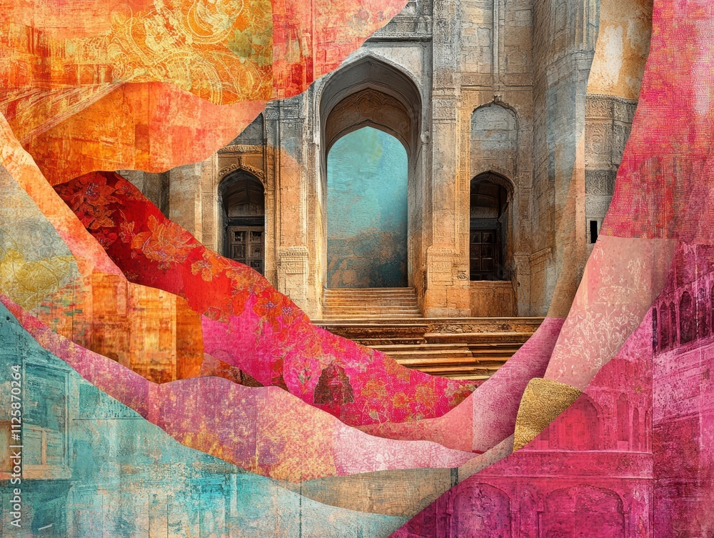 Poster a vibrant abstract composition featuring an architectural structure and colorful layers.