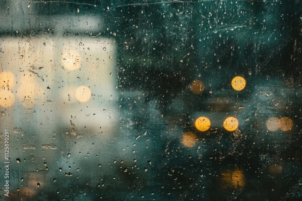 Poster raindrops cling to a foggy window, framing a deserted street illuminated by soft, blurred lights, ev