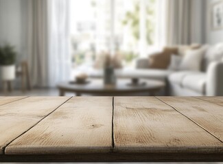 Empty wooden table in blurred living room background. (1)