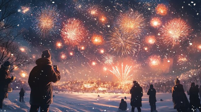 Winter fireworks display with people watching.