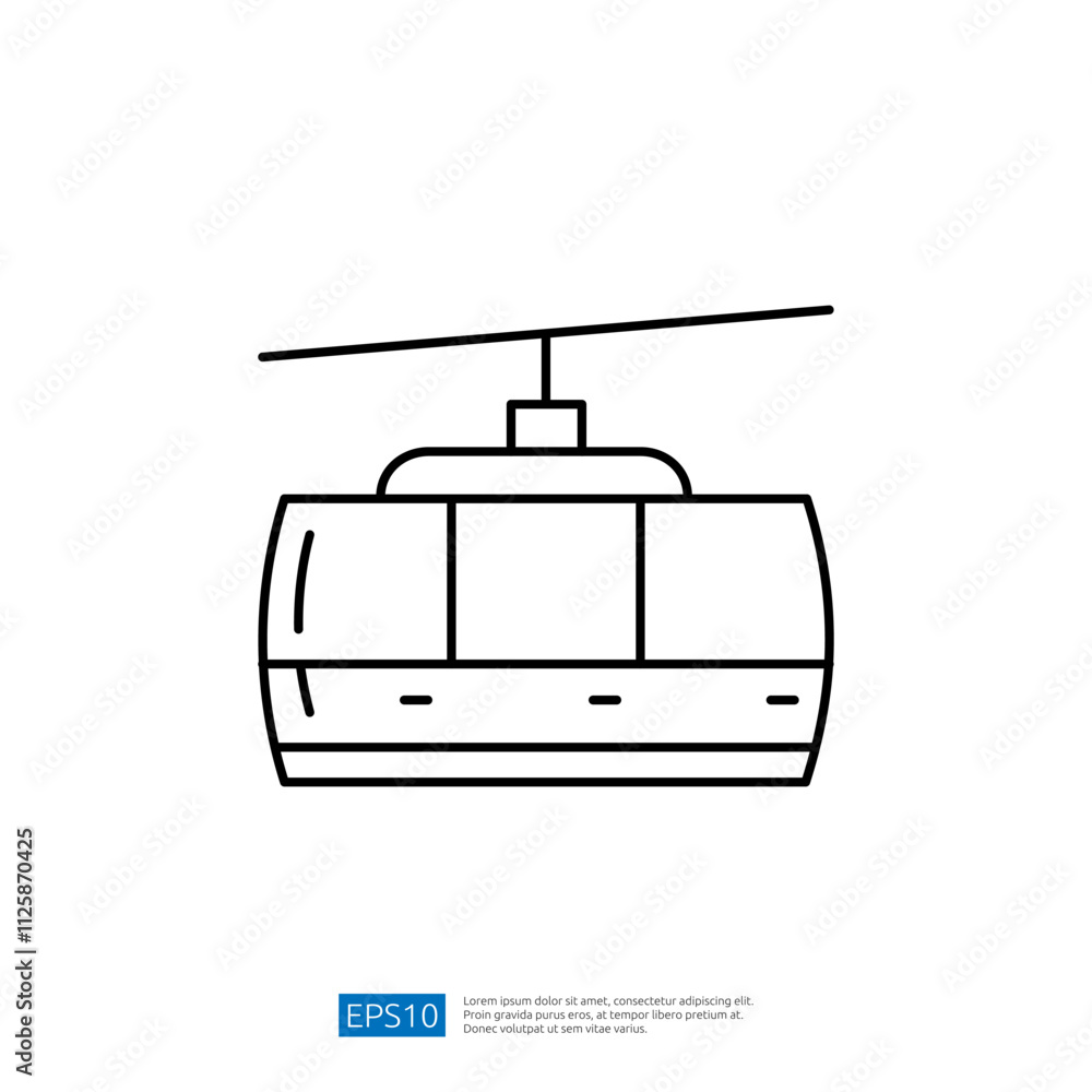 Poster a simple line drawing of a cable car, depicting its structure with a rounded body and a horizontal c