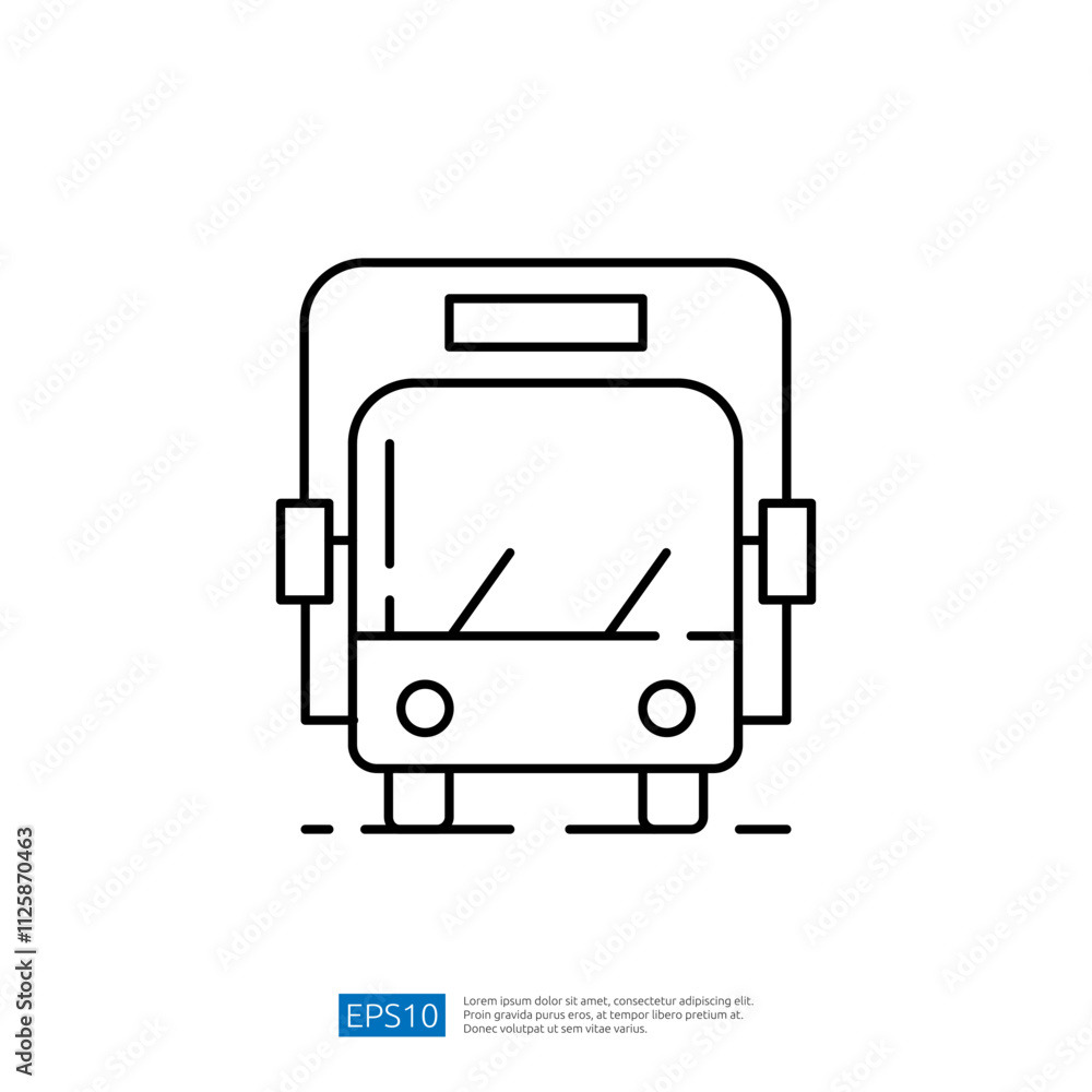 Poster a simple line drawing of a bus, showcasing its front view with distinct windows and wheels, designed