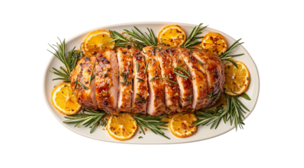 Baked ham with lemon and rosemary on a white dish top view, created with Generative AI technology, PNG