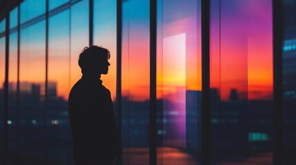 Silhouette of a person looking out a window at a vibrant sunset.