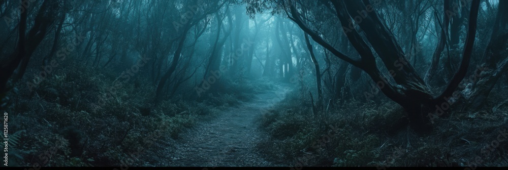 Poster Winding pathway through a misty forest, surrounded by tall trees and underbrush, providing open space for text overlay or additional details. Generative AI