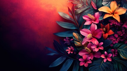 A vibrant arrangement of colorful flowers and leaves against a gradient background.