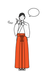 Shrine Maiden Of The Shrine, wearing White kosode and Red Hakama, operating a smartphone.