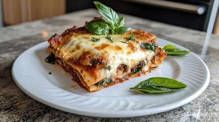 A cheesy lasagna served on a white plate with fresh basil garnish.