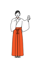 Shrine Maiden Of The Shrine, wearing White kosode and Red Hakama, recommending cashless online payments on a smartphone.